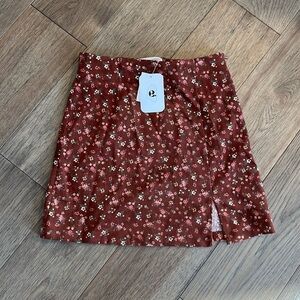NWT ELODIE | brown floral corduroy skirt with slit, size XS